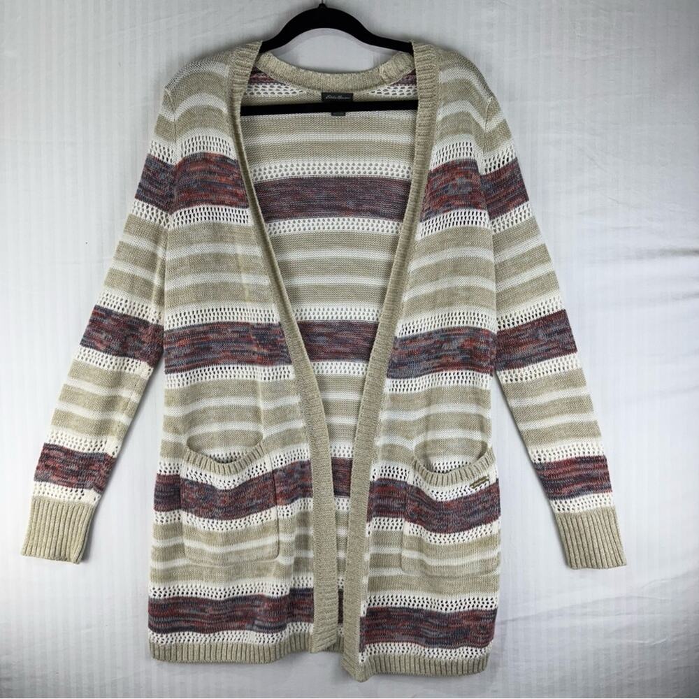 Eddie Bauer Lightweight Cotton Cardigan Women Size Medium Tan White Multi-Stripe